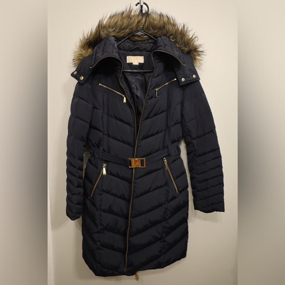 Blue Michael Kors winter coat with fur hood